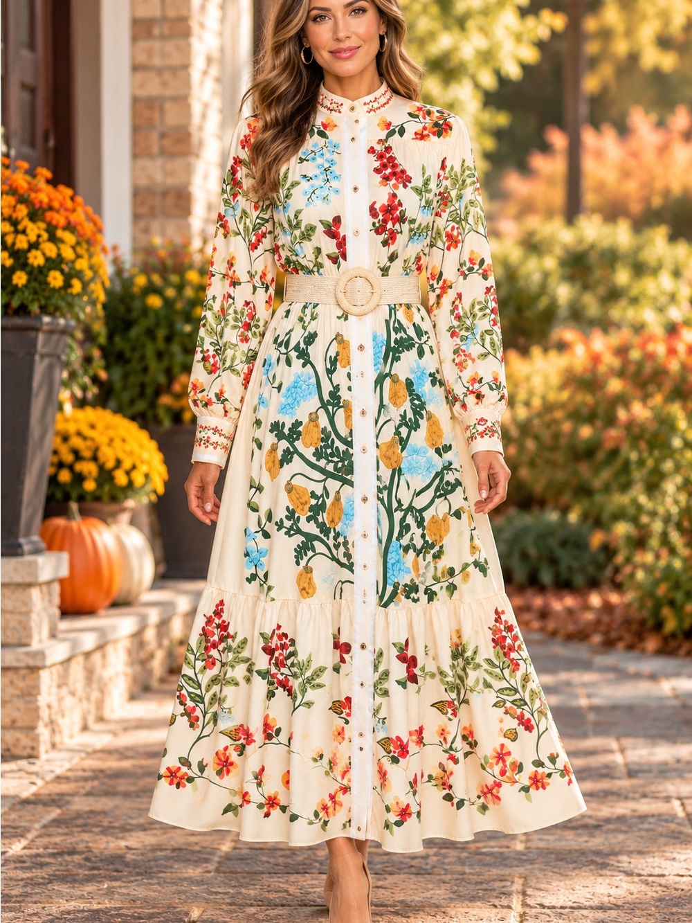 Cream Floral Button-Front Maxi Dress with Belt